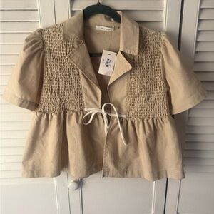 Chic Beige Smocked Women's Blouse